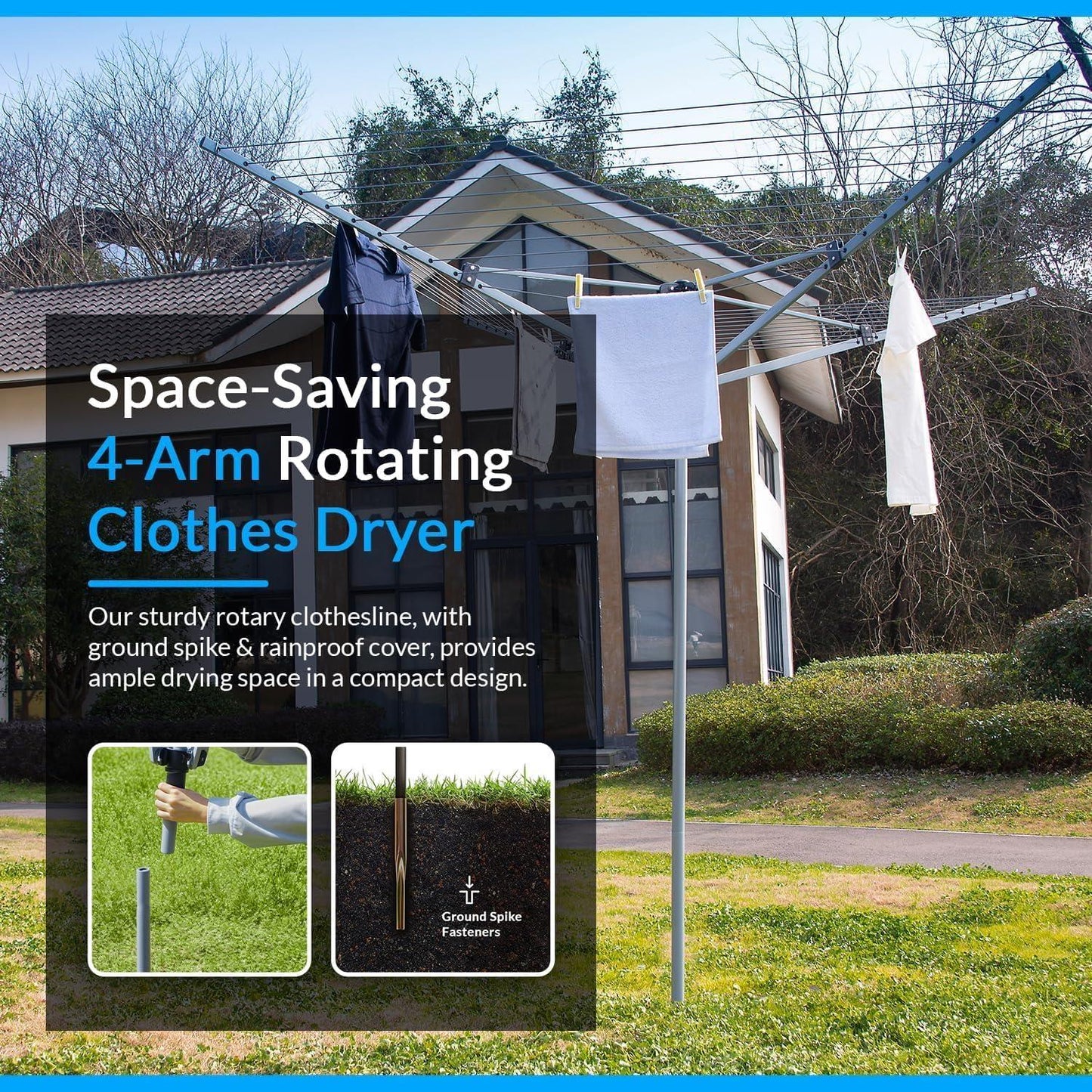 50m Rotary Outdoor Clothes Airer with Metal Spike and Cover