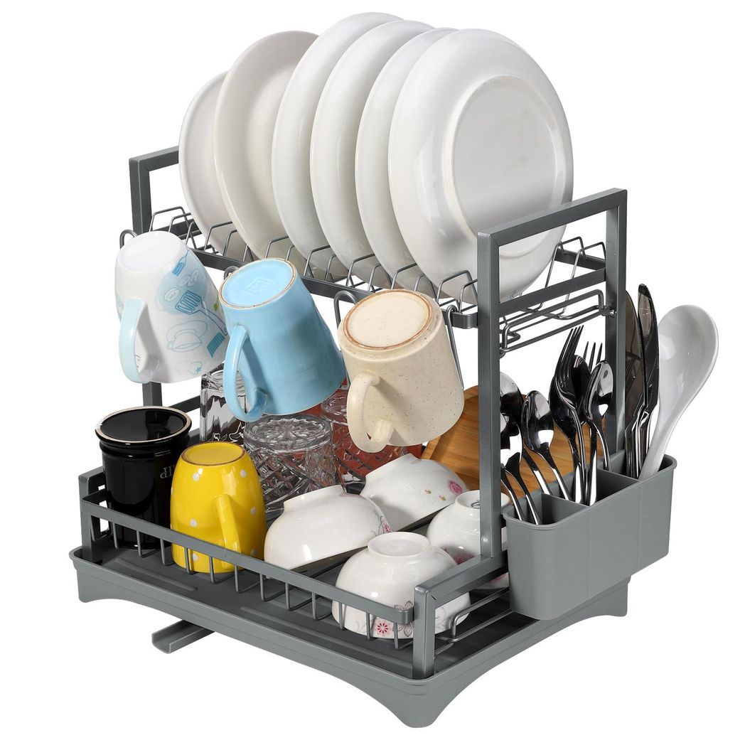 2-Tier Compact Dish Drainer with Drip Tray - Grey
