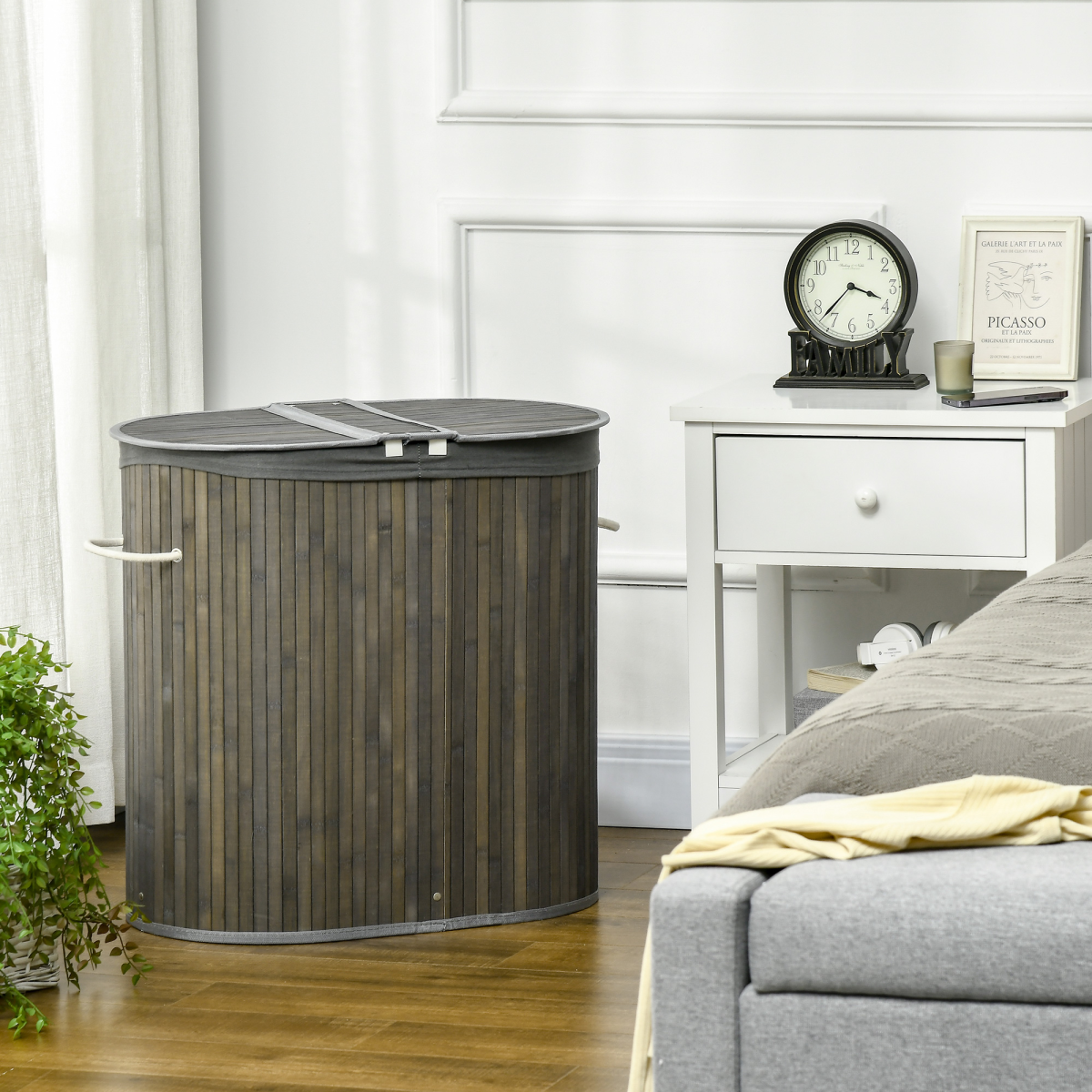 Velena Home: Large Double Bamboo Laundry Basket - Grey