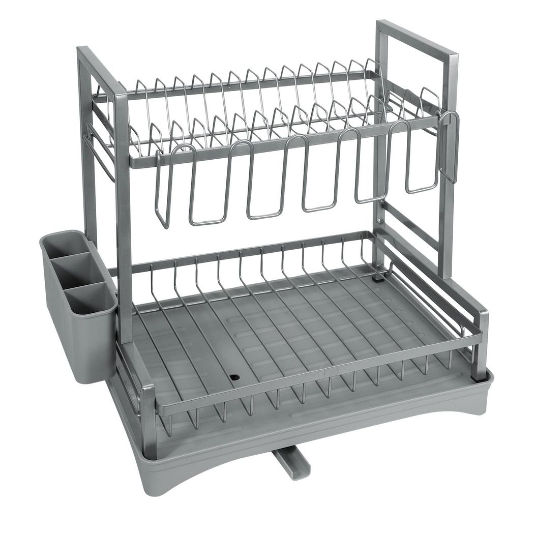2-Tier Compact Dish Drainer with Drip Tray - Grey