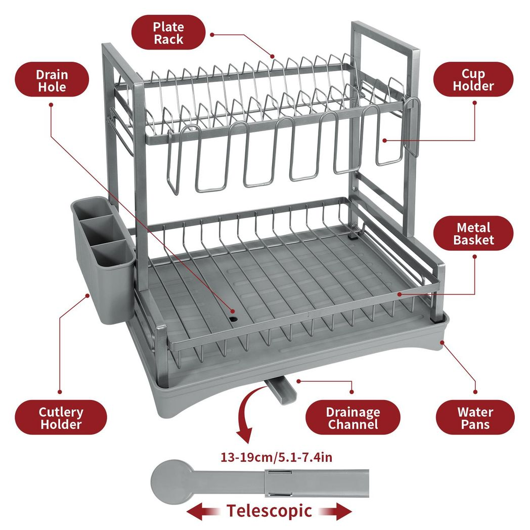 2-Tier Compact Dish Drainer with Drip Tray - Grey