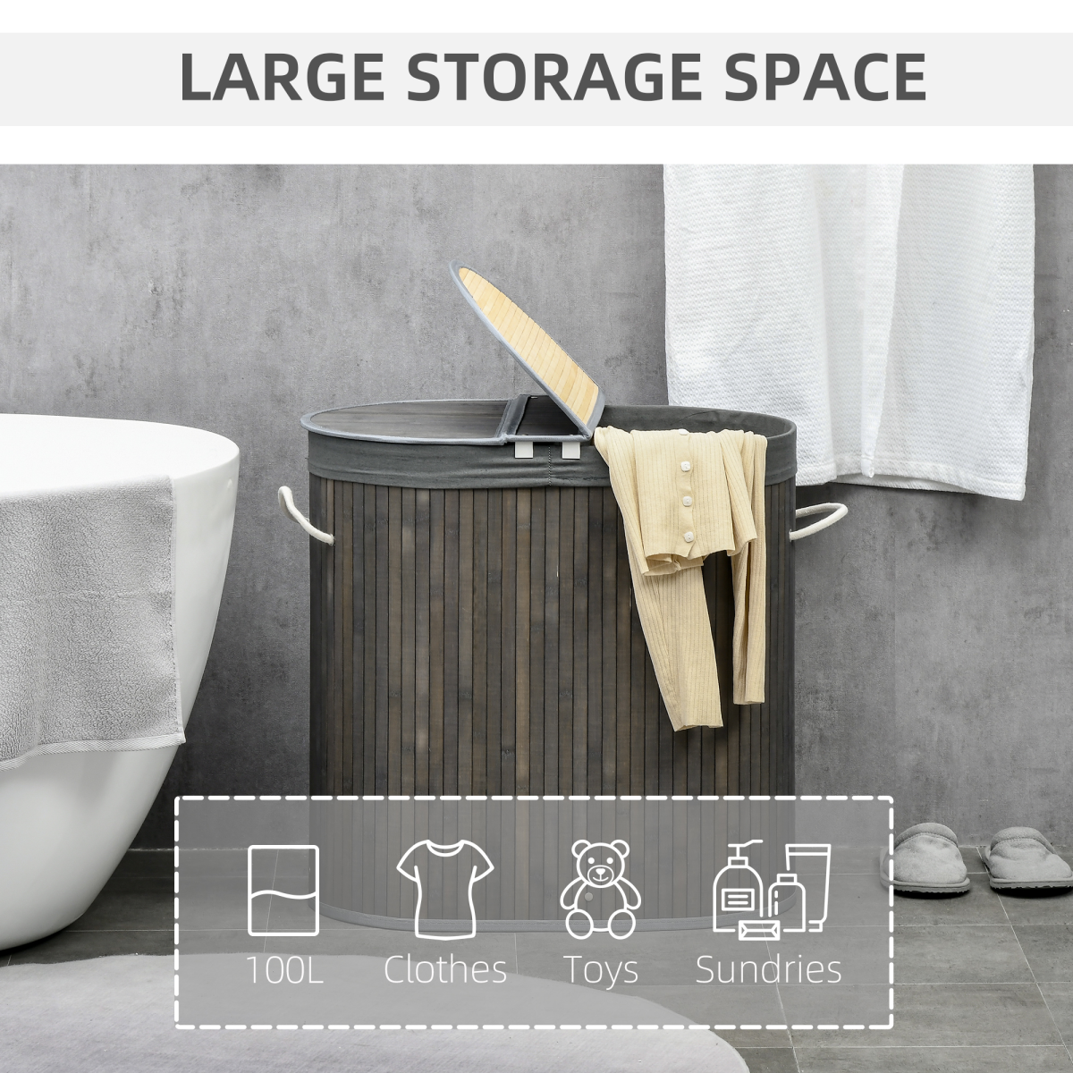 Velena Home: Large Double Bamboo Laundry Basket - Grey
