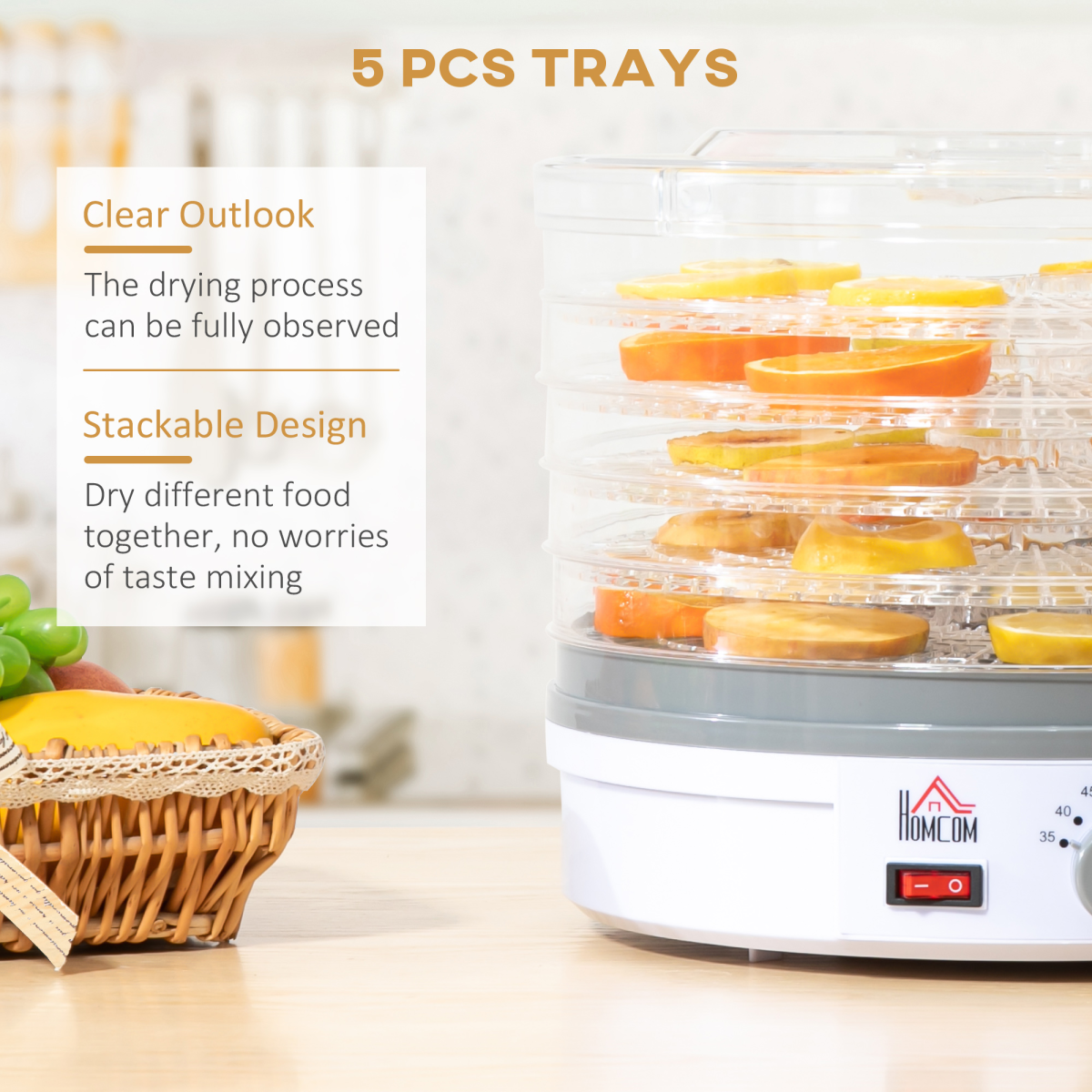 5-Tier Digital Food Dehydrator with Stainless Steel Trays - 245W