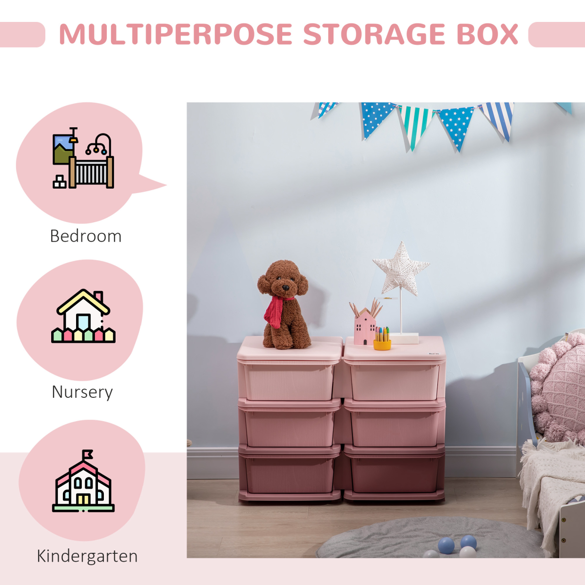 Velena Kids' 6-Drawer Bedroom Storage Unit - Pink