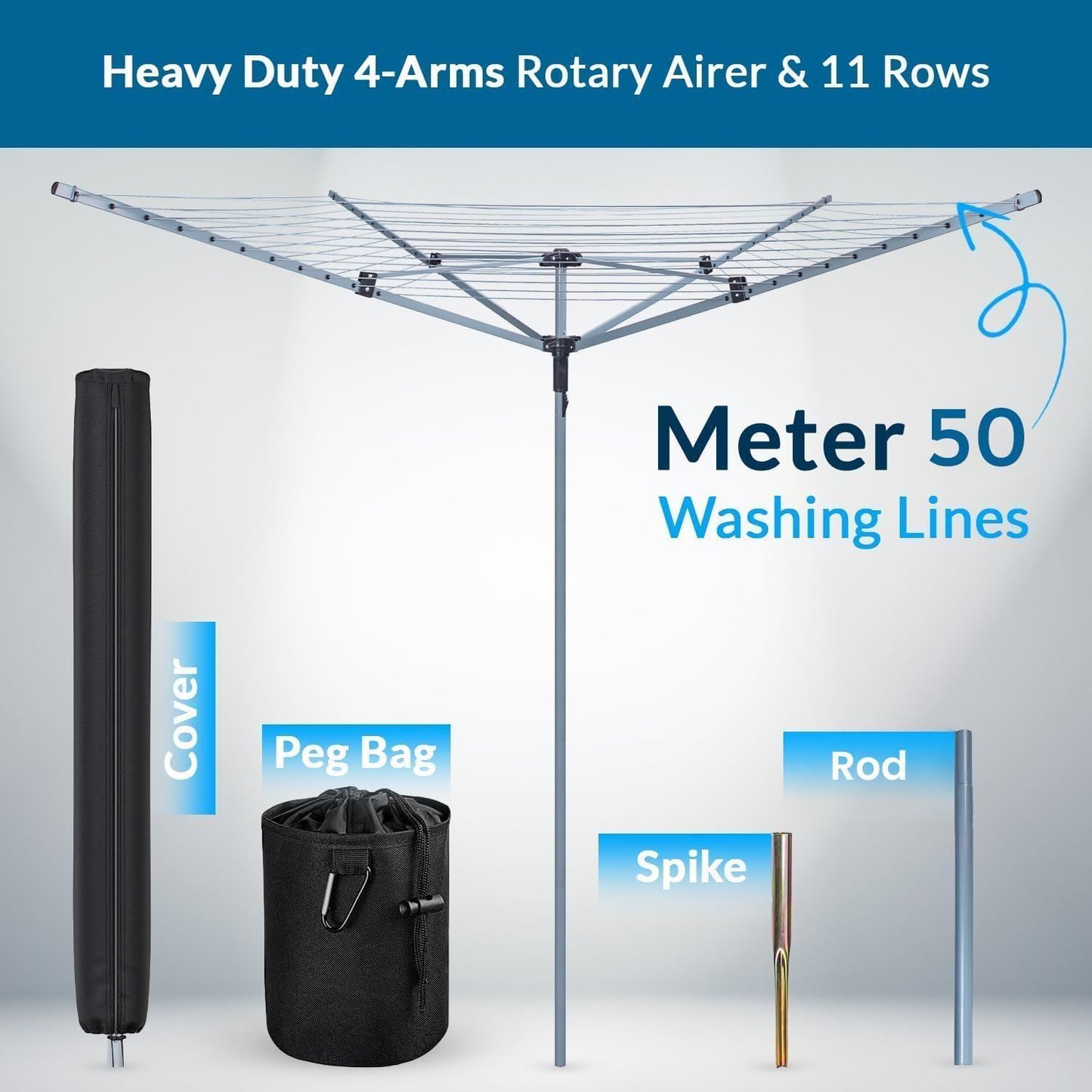 50m Rotary Outdoor Clothes Airer with Metal Spike and Cover