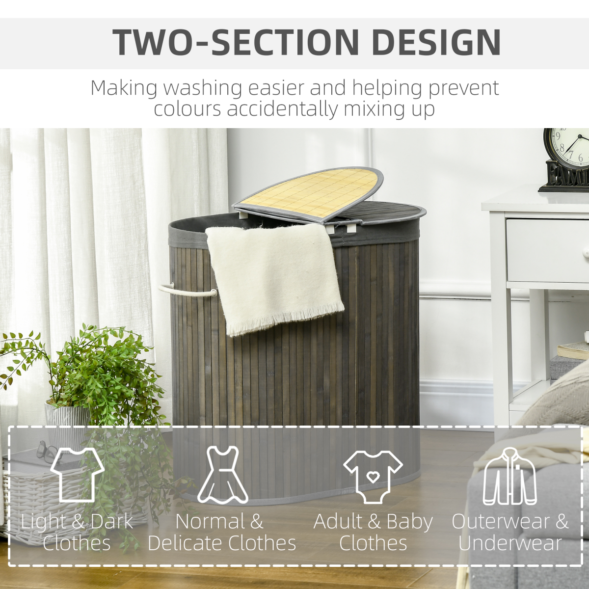 Velena Home: Large Double Bamboo Laundry Basket - Grey
