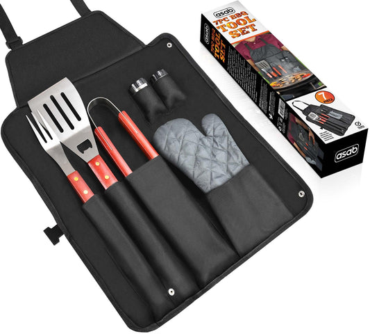 7-Piece BBQ Tool Set with Integrated Apron and Carry Case