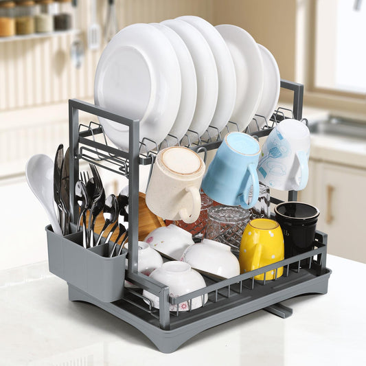 2-Tier Compact Dish Drainer with Drip Tray - Grey