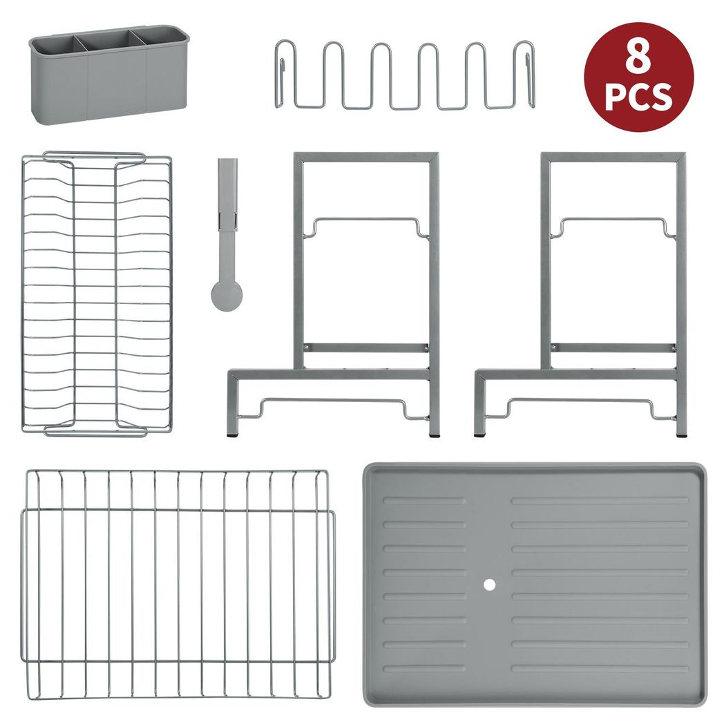 2-Tier Compact Dish Drainer with Drip Tray - Grey