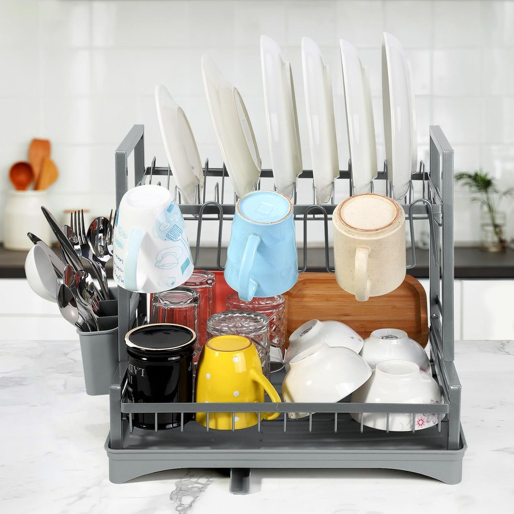 2-Tier Compact Dish Drainer with Drip Tray - Grey