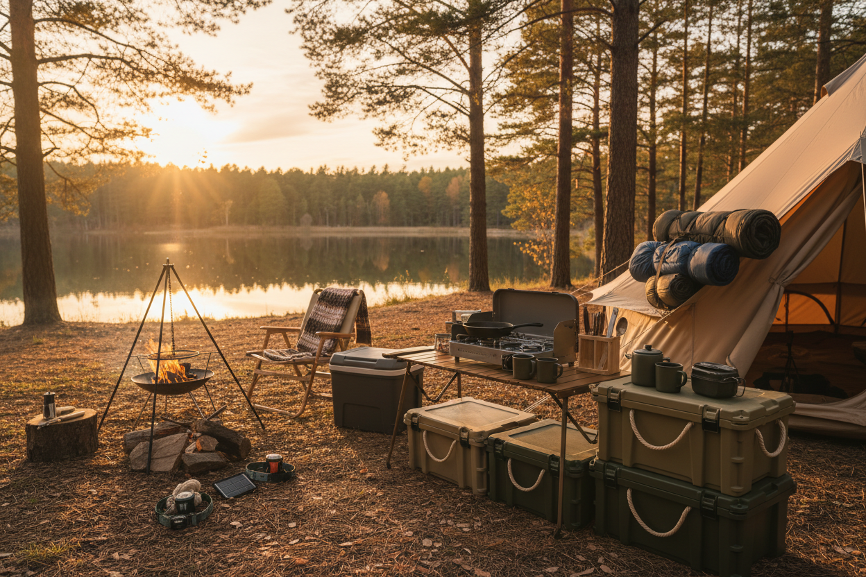 Outdoor camping scene with organized camping gear,
portable kitchen equipment, storage boxes,
forest or lakeside background, warm natural tones,
realistic lifestyle photography, adventure mood
